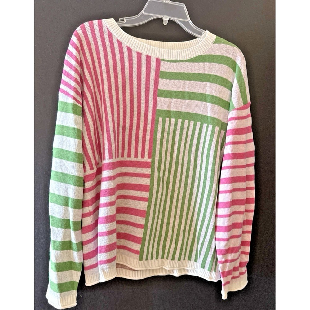 Cream color with Green and pink Striped Knit‎ Sweater Size Small